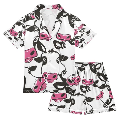 senya Cute Cow Face Satin Summer Pajama Sets Silk Short Sleeve Button Down Sleepwear