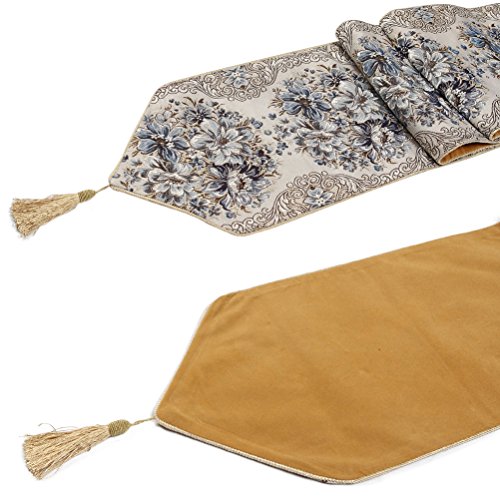 Table Runner Blue 83 Inch European Style Table Runners for Dining Room with Tassels Manual Gold Thread Luxury Classy Embroidery Floral Runner for Coffee Table Piano Dresser Hotel Home Decorations