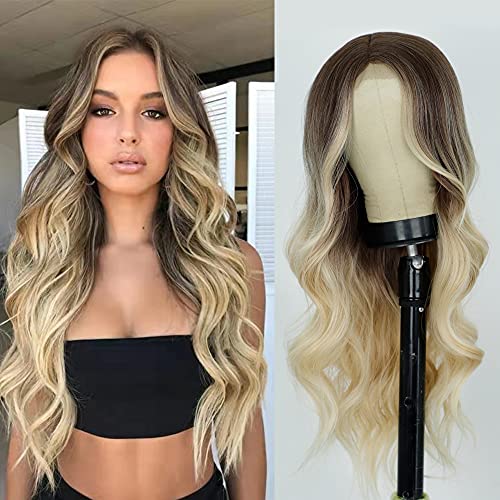 Lativ Long Wavy Wig Ombre Blonde Wigs for Women Middle Part Curly Synthetic Hair Natural Looking Heat Resistant Fiber for Daily Party Use