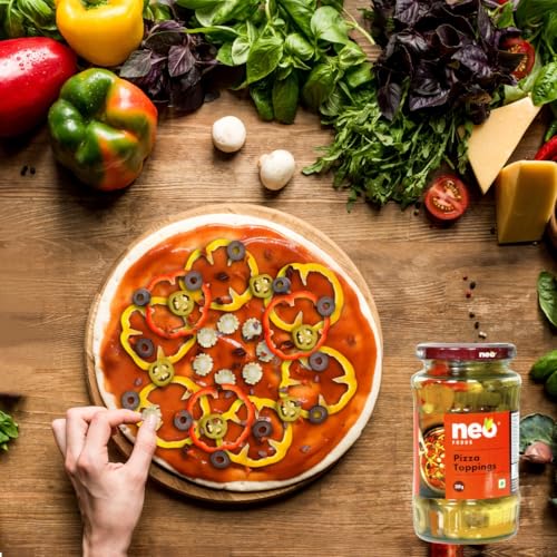 Image of Neo Pizza Topping 350g I Ready-to-Eat, Fibre-Rich l Jalapeno, Olive, Baby Corn, Yellow and Red Bell Pepper I Enjoy as topping for Pizza, Pasta, Salads, Burger & Wraps l Non-GMO I100 % Vegan (Pack of 1)