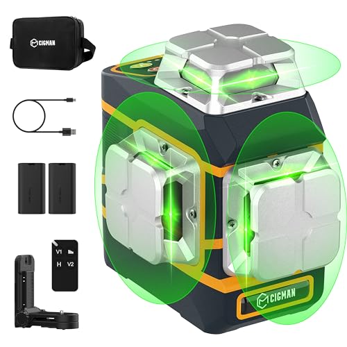 CIGMAN CM-801 Niveau laser vert 3x360 degrés, 2 piles rechargeables amovibles, niveau de luminosité réglable,…