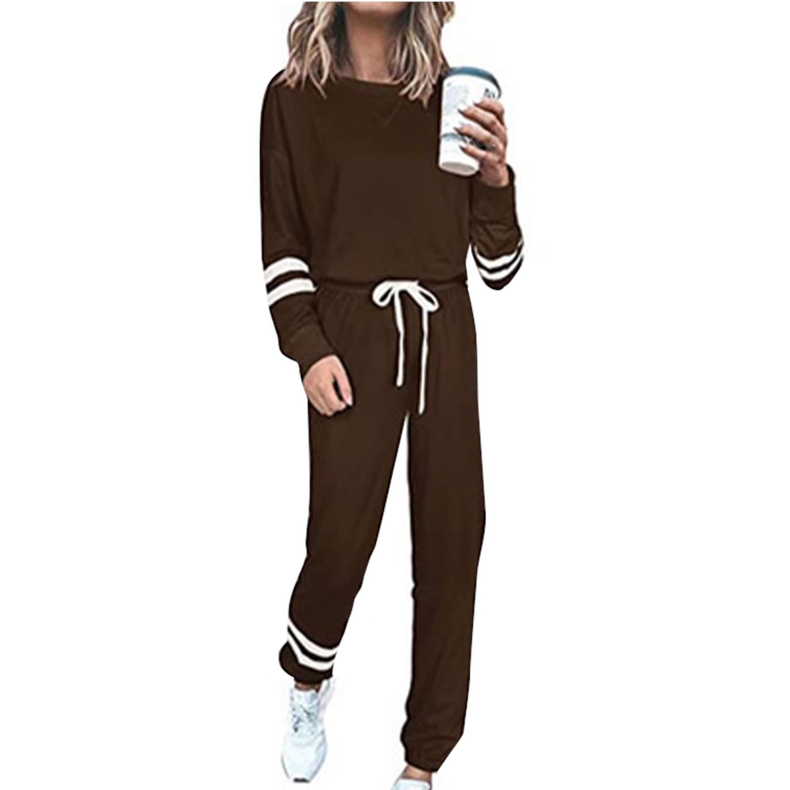 Travel Outfits for Women 2 Piece Sets Lightweight Striped Long Sleeve Pullover Drawstring Joggers Lounge Sweat Suit