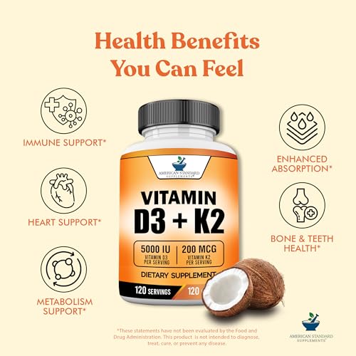 Image of American Standard Supplements Vitamin D3 5000 IU (125mcg) Plus Vitamin K2 (MK7) 200mcg Per Capsule - Gluten Free, Non-GMO, 120 Capsules, 120 Servings, 120 Day Supply (Pack of 2)