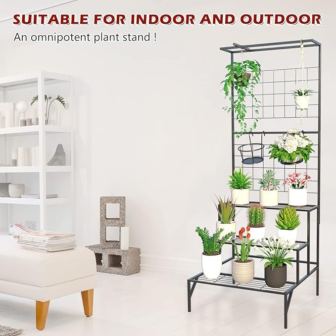 Image of Metal Plant Stand for Balcony, Living Room, Garden, 7 Layer Coating, 24 inches, Round, Galvanised (Black)