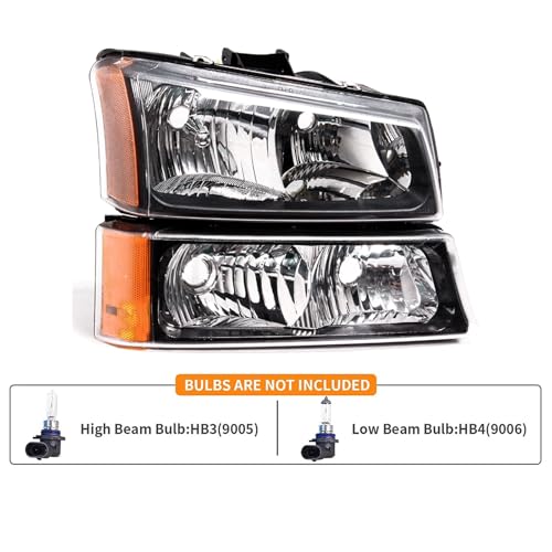 Image of Headlights Assembly for 2003 2004 2005 2006 Chevy Silverado 1500 2500, 03-06 Avalanche (Non Body Cladding Models) Headlamp with Bumper Lights, Black Housing Amber Side