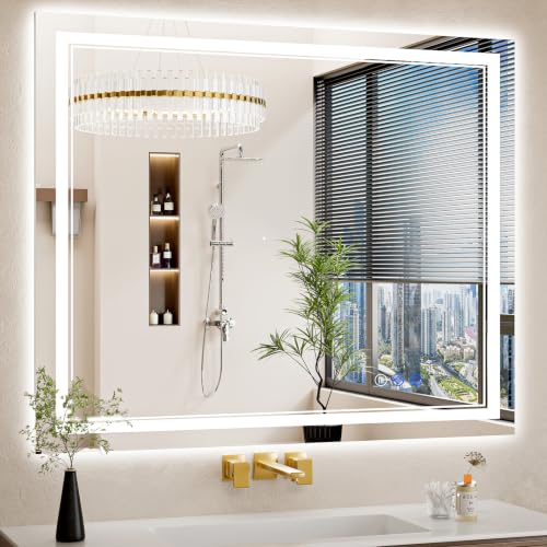 Image of 36 inchx44 inch LED Bathroom Mirror with Lights, Anti-Fog, Backlit + Front Lit, Dimmable, Led Vanity Mirror for Wall, Lighted Bathroom Mirror, 14 Colors, Shatter-Proof Tempered Glass