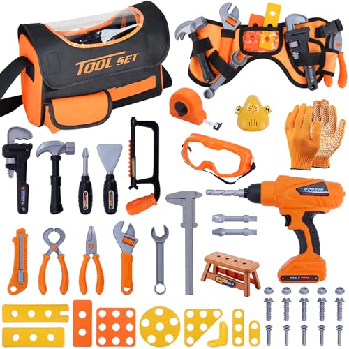 Kids Tool Set MAGIC4U 52PCS Toddler Tool Set with Electric Drill Toy & Kids Tape Measure Pretend Play Construction Toys Costume with Tool Belt for Boy Girls Age 3-8