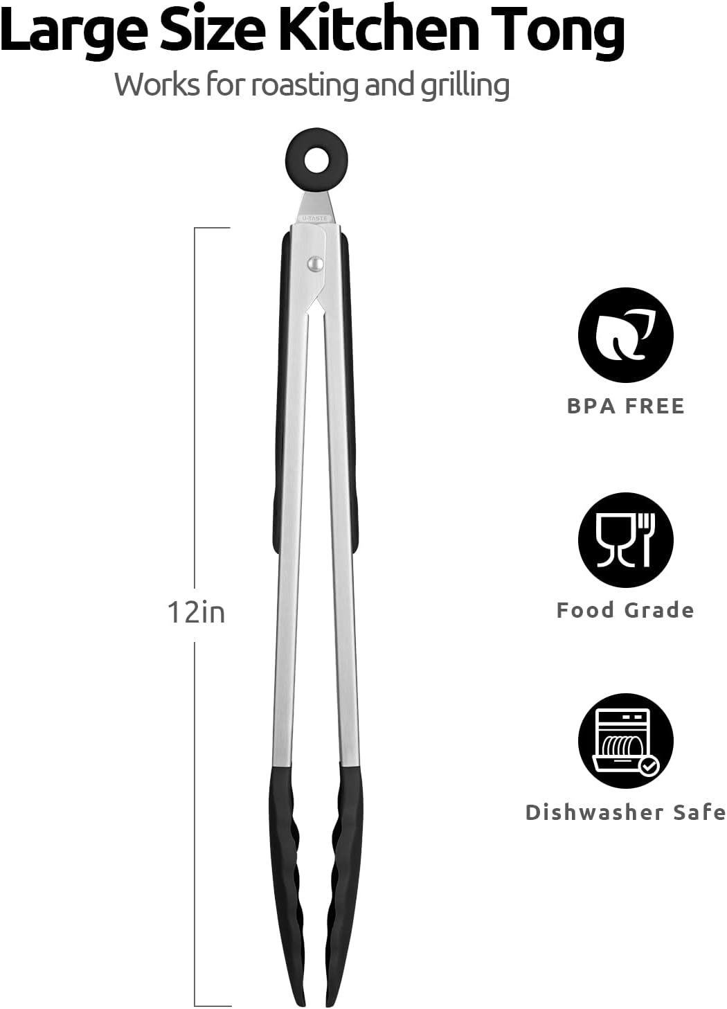 U-Taste 600℉ Heat Resistant Food Grade Non Stick Firm Cooking Tongs (12 in), and 600ºF Heat Resistant Silicone Spoons, 13.3in Solid & Slotted Kitchen Mixing Tool (Black)