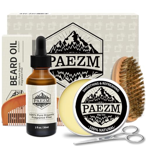 5 Piece Beard Grooming Kit for Men, including All Natural Beard Oil, Beard Balm with Sweet Orange Scent, Brush, Comb, Scissors, Storage Bag, Beard Care Set Christmas Birthday Father's Day Gift for Him