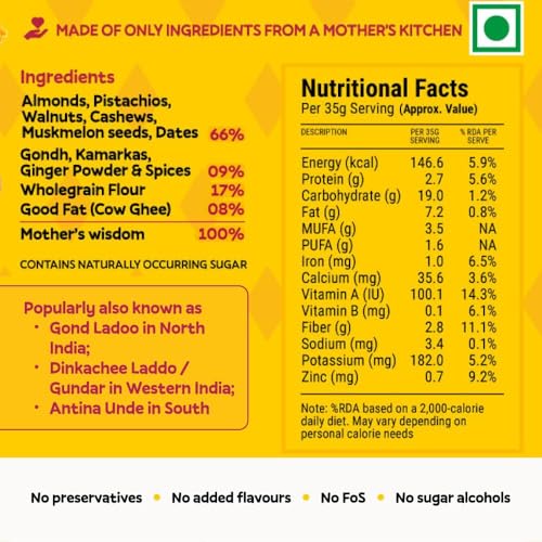Image of LADDUBAR - Gond Dryfruit Laddubar by Mamanourish (Pack of 12 x 35 g) | as Seen on Shark Tank | Gond, Cow Ghee, Dates and Dry Fruits | Postpartum Dry Fruit Bar | Gondh Laddu for Everyone