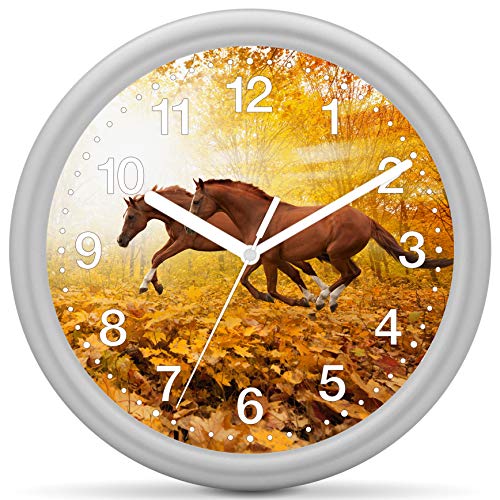 Eurotime 82223-07 Horloge murale à quartz silencieuse avec boîtier en plastique argenté et verre en plastique 12 chiffres avec motif cheval 25 cm
