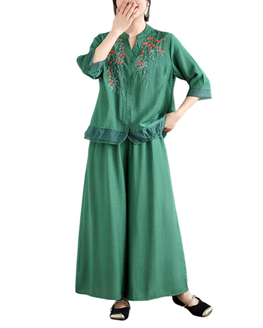 PRINCESS BRIDE Conjunto de lino de 2 piezas para mujer, camisa bordada de manga 3/4 y pantalones de pierna ancha, conjunto de verano a juego