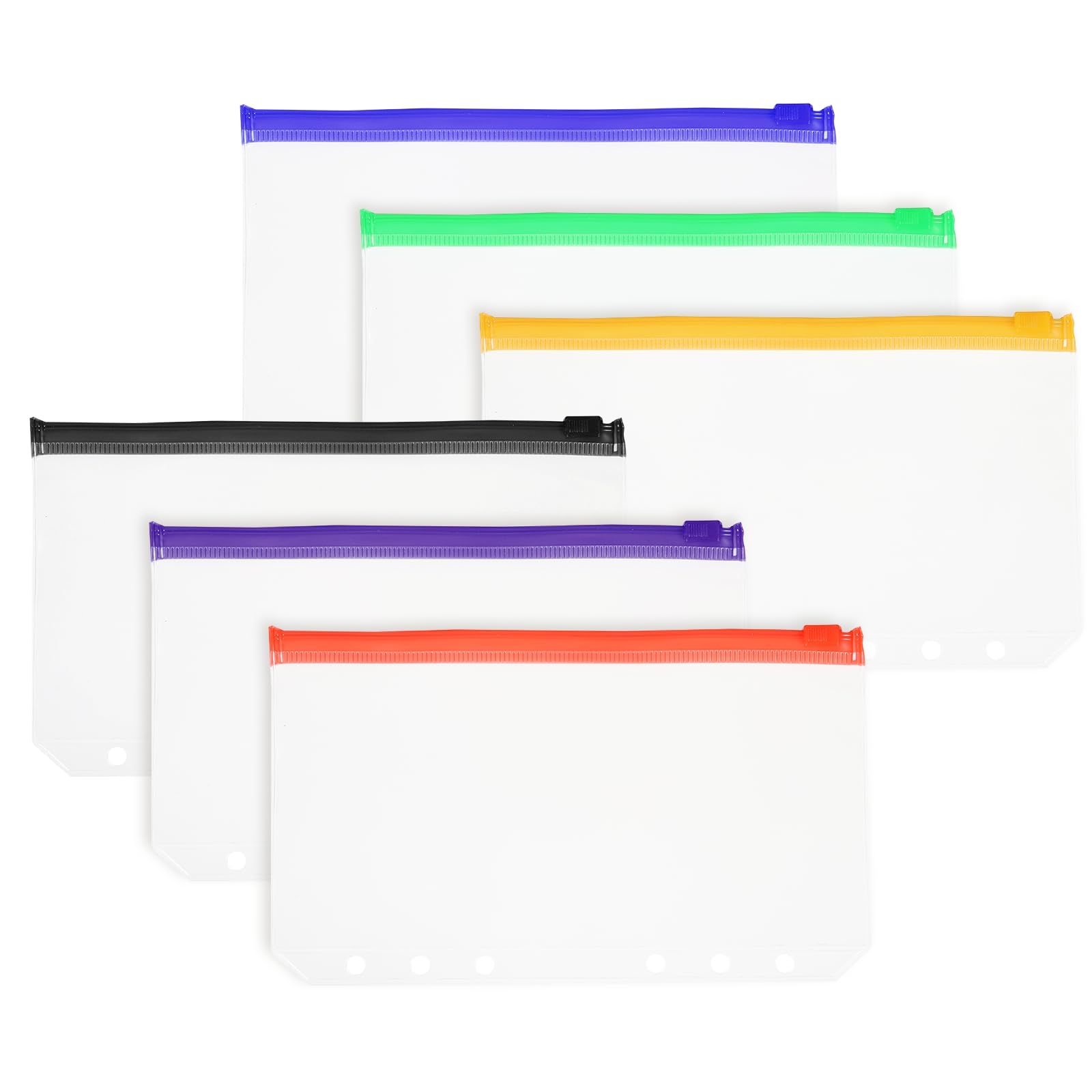 PATIKIL A6 Binder Pocket, 6 Pack 6 Holes Zipper Binder Pouch Budget Stuffing Envelopes Clear Storage Pocket Waterproof for Budget Planning Loose Leaf Bags, Colorful Zip/Clear Pouch