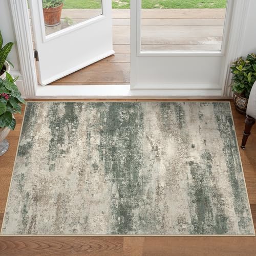 Image of BEIMO 2x3 Rugs for Entryway Entrance Kitchen Bathroom, Machine Washable Modern Abstract Soft Area Rug, Indoor Floor Carpet with Non Slip Rubber Backing, Grey /Dark Green