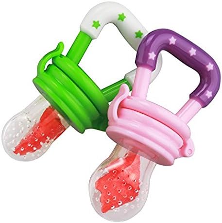 Baby Fruit Feeder Pacifier Combo (4 Pack) - Fruit Feeder for Healthy Teething. Includes Two Baby Feeders and Two Replacement Parts. (Pink - Green)