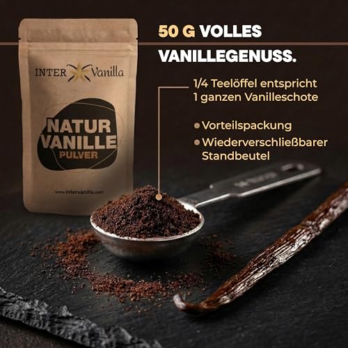 Foto von InterVanilla Natur Vanille Pulver 50g. Aus 100% echten Premium Vanilleschoten. Vanilla bean powder. Vanillepulver ohne Zusätze, ohne Zucker