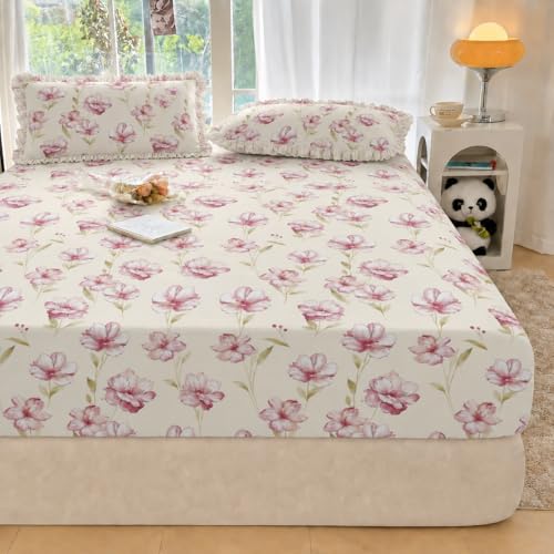 Image of VOMZER King Size (72x78) 300 TC Soft Cotton Feel Microfiber All Around Elastic Fitted Double Bedsheet with 2 Frill Pillow Covers | Rose Pink