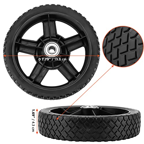 SINJEUN 4 PCS 7.8 Inch Plastic Spoked Wheel, 1/2 Inch Bore Ball Bearing Black Rim Rubber Replacement Tire Wheel for Hand Trucks, Push Mowers, Carts - Thumbnail 2