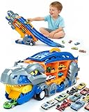 Cozycharm 13 in 1 Dinosaur Toys for Kids 3-6, Carrier Truck Race Track Toddlers Toys, Foldable Track Playset,Dinosaur Truck with 12 Die-Cast Racing Car Toys, Xmas Gifts for Boys Girls
