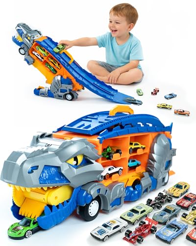 Cozycharm 13 in 1 Dinosaur Toys for Kids 3-6, Carrier Truck Race Track Toddlers Toys, Foldable Track Playset,Dinosaur Truck with 12 Die-Cast Racing Car Toys, Xmas Gifts for Boys Girls
