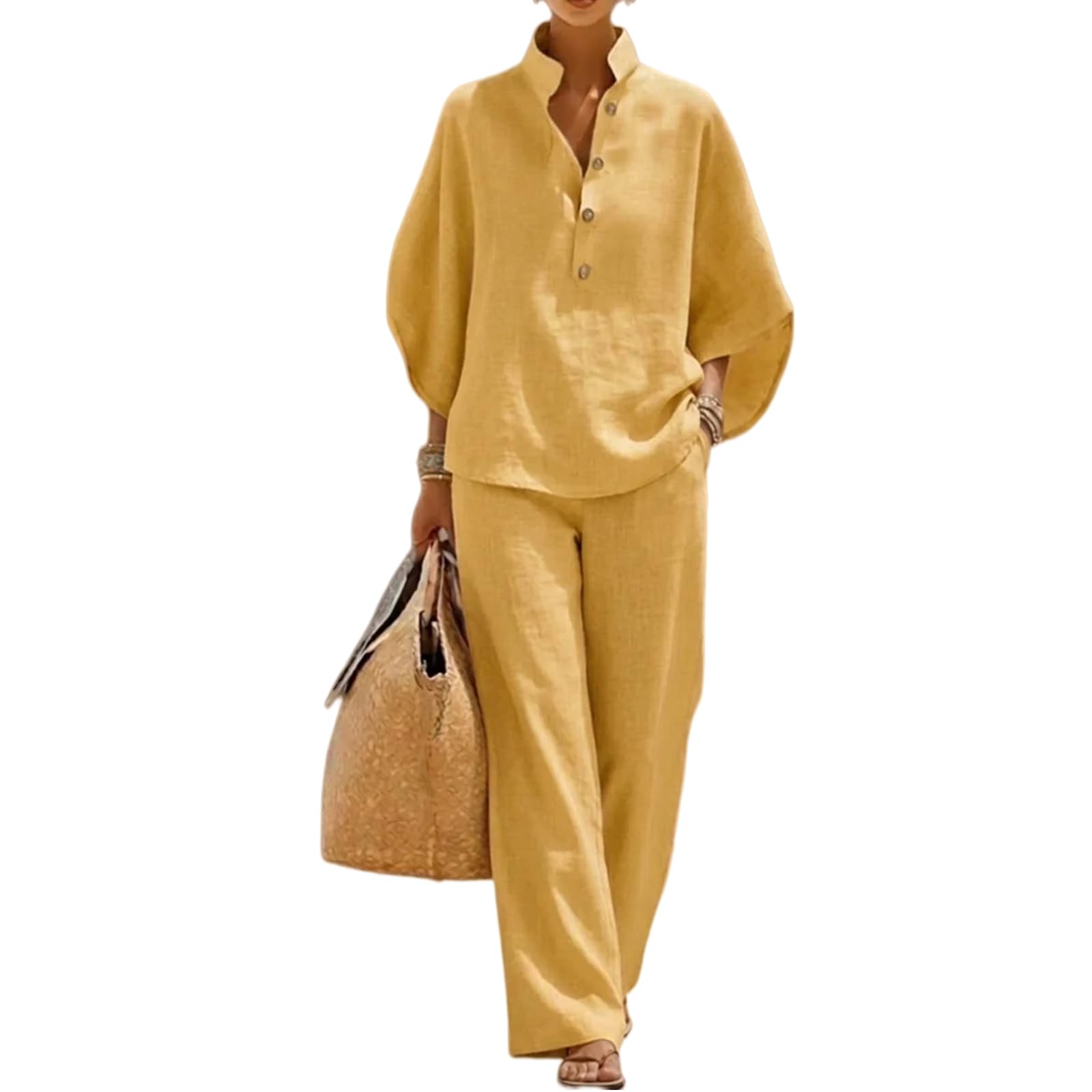 Cotton Linen Sets for Women 2 Piece Summer Outfits Batwing Sleeve V Neck Button Top Wide Leg Pants Matching Lounge Set