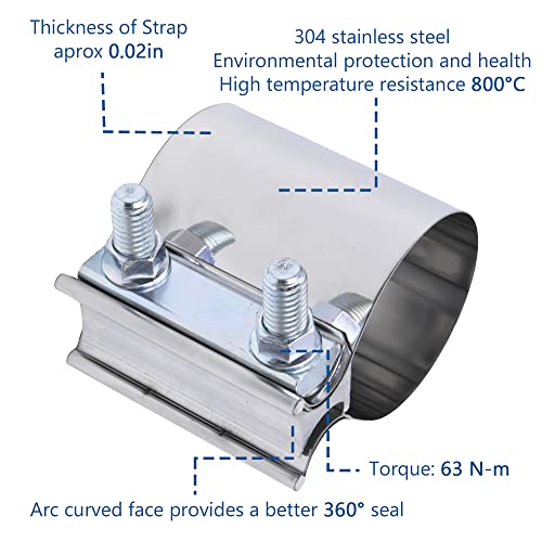 Exhaust Pipe Clamp 2.0 Inch Butt Joint Exhaust Clamp for 2\'\' OD Pipe with Seal Band Clamp Sleeve 3 Inch Width 304 Stainless Steel (4PCS)
