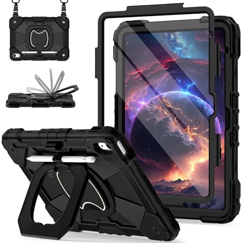 Image of Scnioy Case for iPad (A16) 11th Generation 11 Inch (2025) / iPad 10th Generation Case 10.9 Inch (2022) with 360 Rotating Stand Screen Protector Pen Holder Shoulder Strap, Black