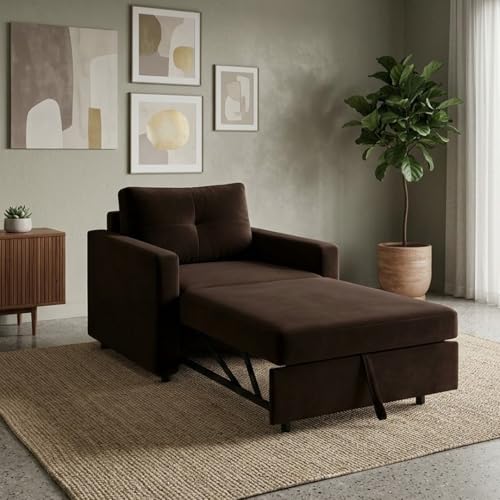 CASASTYLE Seria 1 Seater Pull-Out Premium Fabric Sofa Cum Bed Sofa Set for Living Room (Dark Brown) Premium Velvet Finish Comfortable Sofa Bed