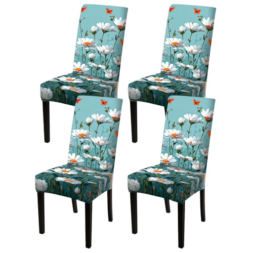 Image of Nuxovilar Blue Daisy Orange Butterfly Stretch 23.6x70in 4PCS Covers | Stretch Slipcover Floral Protector Flower Wrap Seat Guard Dining Room Kitchen Garden Theme Party (Daisy Butterfly)