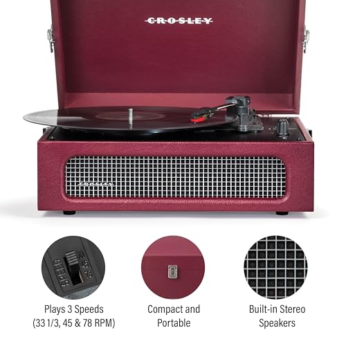 Image of Crosley CR8017B-BU Voyager Record Player, Burgundy | 3-Speed Turntable, Bluetooth In / Out, Built-in Full-Range Stereo Speakers, Adjustable Pitch Control