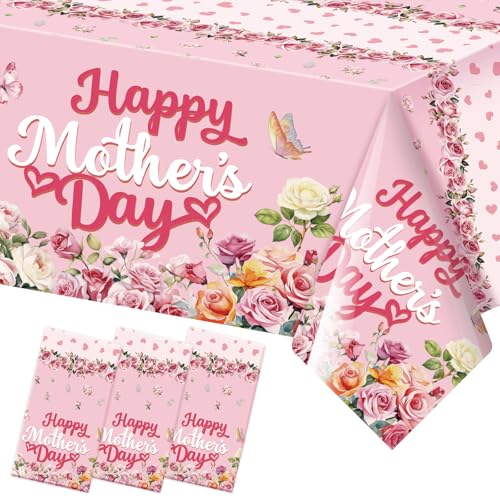 Fancy Land Happy Mothers Day Tablecloths 3 Pack Pink Roses Flowers Plastic Party Decoration 54 X 108 Disposable Table Cover