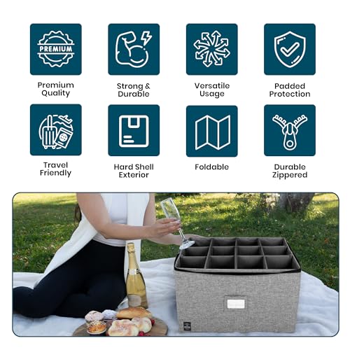 Unison Kitchen Wine Glass Storage, Holds 12 Stemware Glasses, Stackable, Fully-Padded Inside with Hard Top and Sides (Grey) - Thumbnail 5
