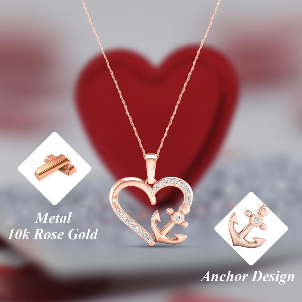 Diamond2Deal 10K Gold Diamond Heart Anchor Pendant Necklace (0.11cttw Clarity-I2 Color-H-I) 18"