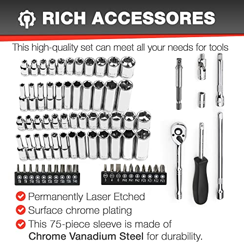 Image of EACELIY 75pcs 1 /4 inch Drive Impact Socket Set, Master Socket Set,Wrench Set with 1 /4 inch Bit Adapter, Universal Joint, Ratchet, 1 /4 inchDrive Bit Set Extension (5 /32 inch - 9 /16 inch, 4-14mm)
