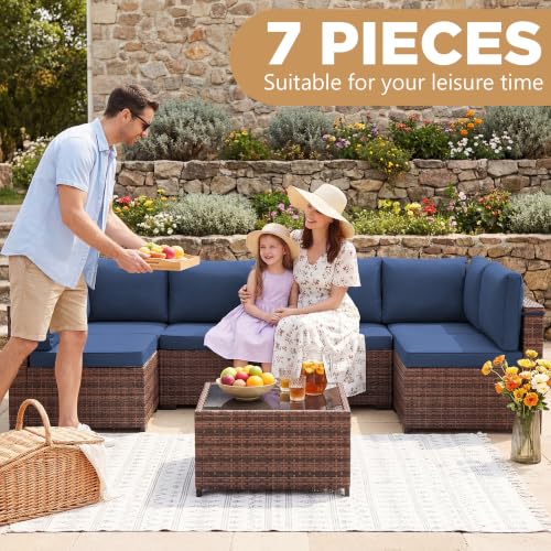 Image of LHBcraft 7 Pieces Outdoor Wicker Rattan Patio Furniture, Outdoor Sectional Set Patio Sofa with Coffee Table & Blue Cushions for Garden