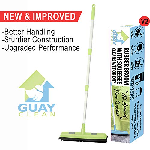 Guay Clean Rubber Push Broom Pet Hair Fur Removal Soft Bristle Sweeper For Carpet And Floor, Squeegee And Grommet For Pads And Towels -Telescopic Pole Up To 50 Inches - Green #TOP5