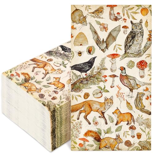 JarThenaAMCS 80 Pcs Vintage Animal Paper Guest Napkins Mushroom Woodland Animal Paper Napkins Retro Disposable Hand Towel Napkin for Home Holiday Party Supplies