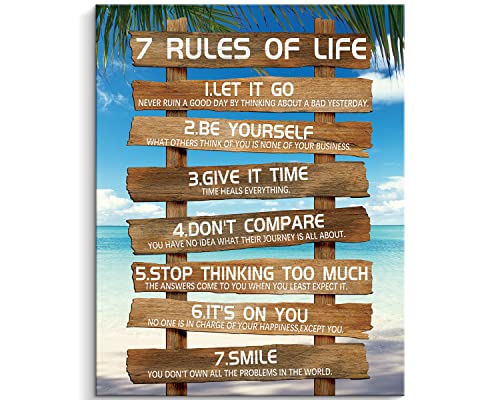 Kas Home Inspirational Wall Art - 7 Rules of Life Motivational Canvas Wall Decor Beach Positive Quotes Living Room Rustic Framed Art Gift for Bedroom Bathroom (12 x 15 inch, Brown - 7 Rules) - Image 3