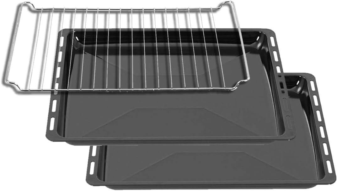ICQN Backblech Doppel-Set & Gitter 455 × 375 × 30 mm, Kompatibel mit Bosch, Siemens, Constructa & Neff, Emaillierte Backbleche & Verchromtes Gitter für Backofen & Herd