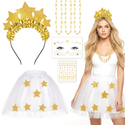 4 Stück Stern Kostüm Damen Sternen Kostüm - Haarreif Sterne Tütü Rock Weiß Glitter Freckles Glitzersteine Sternenkette Stern Weihnachtskostüm Damen für Weihnachten Halloween Karneval Party Cosplay
