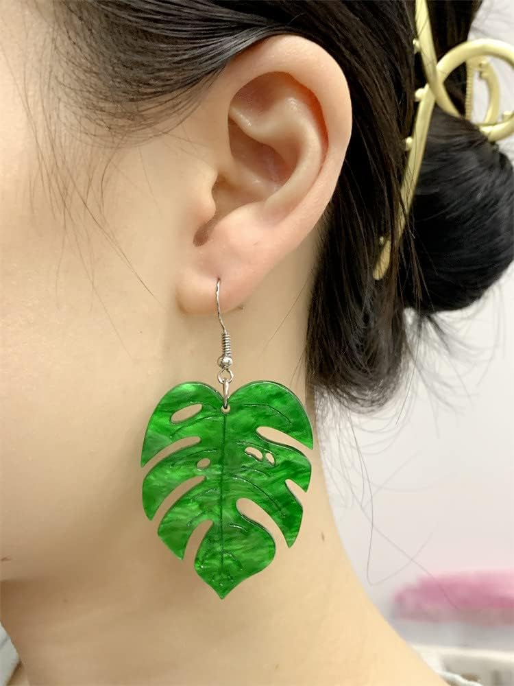 Green Palm Leaf Dangle Earrings for Women Girls Lightweight Resin Tropical Green Plant Statement Drop Fish Hook Stud Earring Fashion Cute Festival Halloween Jewelry Gifts Nature Lover (Leaf) - Image 2