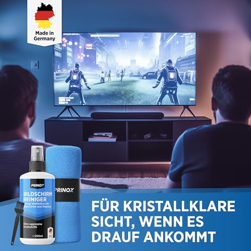 PRINOX Bildschirmreiniger XXL Set [inkl. Mikrofasertuch und Pinsel] - Display Reiniger für Handy, Laptop und TV Displays (LCD, LED, OLED, QLED, TFT) gegen Fettflecken und Fingerabdrücke
