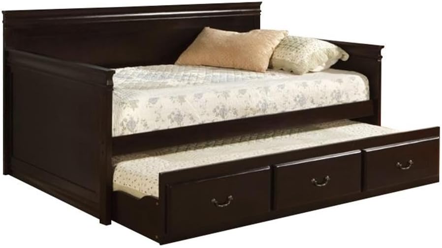 BOWERY HILL Twin Daybed with Trundle, Solid Wood and Veneers, Espresso Finish, 81" W x 42.5" D x 39.38" H, Sleek Molded Design, Pull-Out Trundle, Includes Slat Kits, Space-Saving Guest Room Furniture