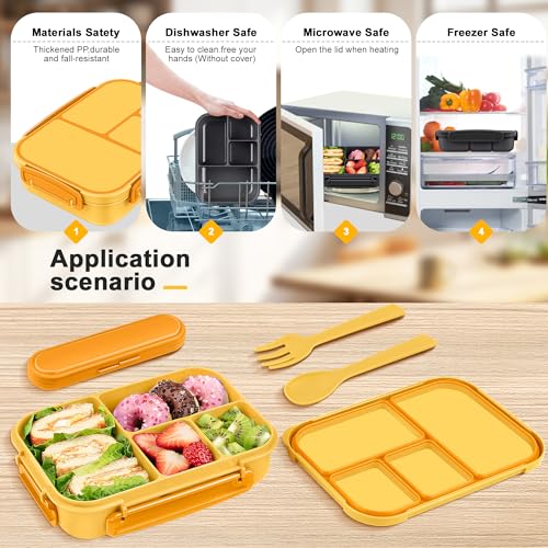 Amathley Lunch Box Kids,Bento Box Adult Lunch Box,Leakproof Lunch Containers for Adults/Kids/Toddler,1200ML-4 Compartments bento Lunch Box with Utensil,Microwave & Dishwasher Safe (Yellow) by Amathley - Image 6