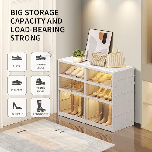Image of CIMLORD 3-Tier Foldable Shoe Rack Organizer with Doors, 12 Pairs, White | Collapsible Plastic Shoe Cabinet Storage, Fits Boots & Sneakers, Stackable with Lids, Easy Assembly, for Closet & Entryway