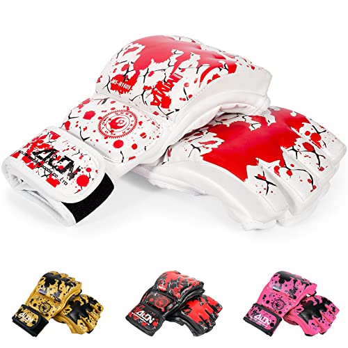 TEKXYZ Gants de MMA, paume ouverte et pouce libre, gants de MMA avec double crochet rapide et sangle de boucle pour MMA, blanc M Cover