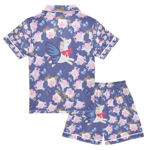 senya Flying Unicorns Satin Summer Pajama Sets Silk Short Sleeve Button Down Sleepwear2