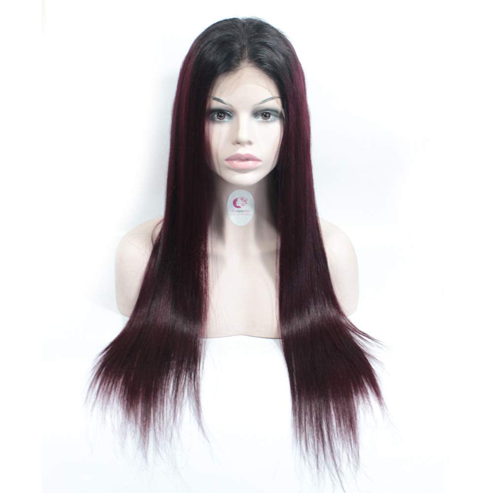 Real Unprocessed Virgin Human Hair #1B/99J Burgundy 10 Inch Ombre Lace Front Wigs Straight Hair 180 Density Middle Size Cap Glueless Short Wigs With Baby Hair