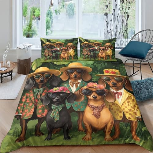 Housse de couette Teckel 3D drap microfibre lit king 2 taies chien