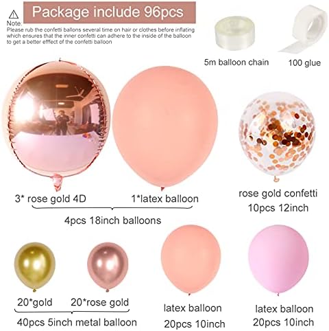Rose Gold Balloon Arch Kit for Girls, 96Pcs Rose Gold Balloons Garland Kit with Pink Rosegold Balloons for Pink Birthday Party Decoration, Baby Shower, Wedding, Bridal Shower, Hen Party, Anniversary